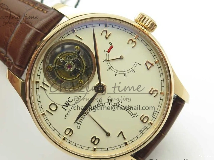 MIROTIME 0211 Portuguese Tourbillon IW504602 RG ZF Best Edition White Dial on Brown Leather Strap Stretchable 7178